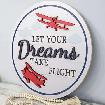 TOARTi 3D Airplane Wooden Wall Hanging (12''x12''), Let Your Dream Take Flight Inspirational Quote Door Sign, Rustic Aircraft Wall Hanging for Toddler Kids Room Nursery Playroom Classroom Decor