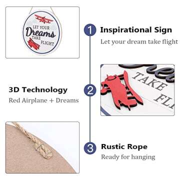 TOARTi 3D Airplane Wooden Wall Hanging (12''x12''), Let Your Dream Take Flight Inspirational Quote Door Sign, Rustic Aircraft Wall Hanging for Toddler Kids Room Nursery Playroom Classroom Decor