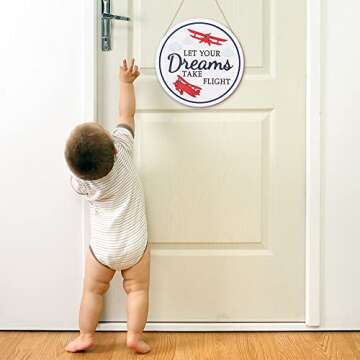 TOARTi 3D Airplane Wooden Wall Hanging (12''x12''), Let Your Dream Take Flight Inspirational Quote Door Sign, Rustic Aircraft Wall Hanging for Toddler Kids Room Nursery Playroom Classroom Decor