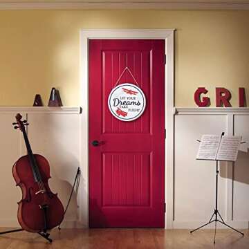 TOARTi 3D Airplane Wooden Wall Hanging (12''x12''), Let Your Dream Take Flight Inspirational Quote Door Sign, Rustic Aircraft Wall Hanging for Toddler Kids Room Nursery Playroom Classroom Decor