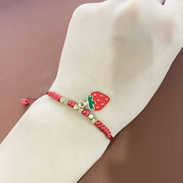 HUJUON 2Pcs Summer Fruit Strawberry Cherry Bracelets Sets,Handmade Weave Red Rope Adjustable Bracele...