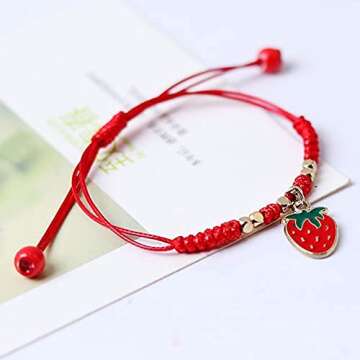 HUJUON 2Pcs Summer Fruit Strawberry Cherry Bracelets Sets,Handmade Weave Red Rope Adjustable Bracelet Protection Jewelry for Couple Best Friends (Strawberry 2Pcs)