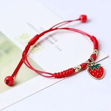 HUJUON 2Pcs Summer Fruit Strawberry Cherry Bracelets Sets,Handmade Weave Red Rope Adjustable Bracelet Protection Jewelry for Couple Best Friends (Strawberry 2Pcs)