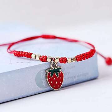 HUJUON 2Pcs Summer Fruit Strawberry Cherry Bracelets Sets,Handmade Weave Red Rope Adjustable Bracelet Protection Jewelry for Couple Best Friends (Strawberry 2Pcs)