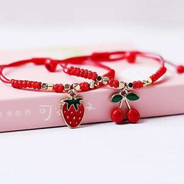 HUJUON 2Pcs Summer Fruit Strawberry Cherry Bracelets Sets,Handmade Weave Red Rope Adjustable Bracelet Protection Jewelry for Couple Best Friends (Strawberry 2Pcs)