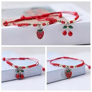 HUJUON 2Pcs Summer Fruit Strawberry Cherry Bracelets Sets,Handmade Weave Red Rope Adjustable Bracelet Protection Jewelry for Couple Best Friends (Strawberry 2Pcs)