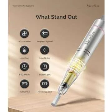 MelodySusie Portable Nail Drill 30000 RPM,SC320F Professional Rechargeable Electric Nail File,Cordless Nail E File for Acrylic Nails Gel Polishing Removing,Efile Nail Kit for Manicure Salon Home,Rose