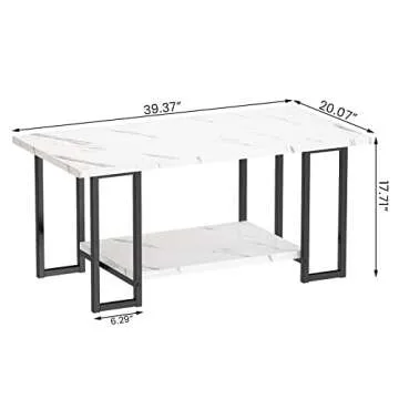 AWQM Marble Coffee Table, Faux Marble Top Rectangular Coffee Table with Black Metal Frame, 2 Tier Li...