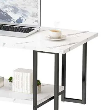 AWQM Marble Coffee Table, Faux Marble Top Rectangular Coffee Table with Black Metal Frame, 2 Tier Living Room Table for Living Room, Office, Balcony, White, 40 Inch