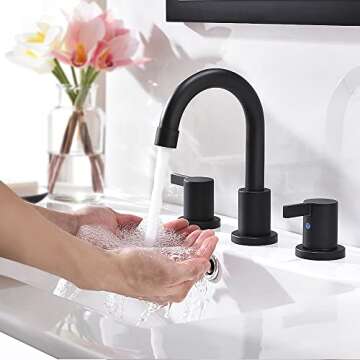 Phiestina 8 Inch 3-Hole Low-Arch 2-Handle Widespread Bathroom Faucet with Valve and Metal Pop-Up Drain Assembly,Matte Black, WF15-1-MB