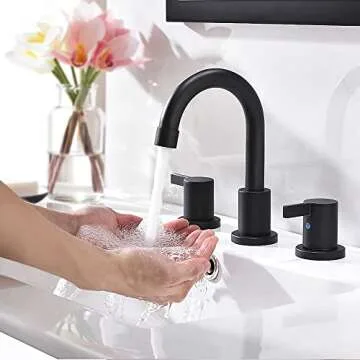 Phiestina 8 Inch 3-Hole Low-Arch 2-Handle Widespread Bathroom Faucet with Valve and Metal Pop-Up Drain Assembly,Matte Black, WF15-1-MB