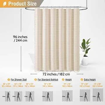 BTTN Extra Long Shower Curtain - 72x96 Inch Long Boho Chic Linen Fabric Heavy Duty Shower Curtain Set with Plastic Hooks, Tall Farmhouse Aesthetic Cute Tassel Shower Curtains for Bathroom, Cream/Beige