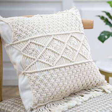 GeeComfy 2PCS Boho Macrame Throw Pillow Cover 100% Cotton Handwoven Cream Pillowcase Square Decorative Cushion Case with Tassel for Home Sofa Bed, 18" x 18", Pastoral