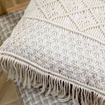 GeeComfy 2PCS Boho Macrame Throw Pillow Cover 100% Cotton Handwoven Cream Pillowcase Square Decorative Cushion Case with Tassel for Home Sofa Bed, 18" x 18", Pastoral