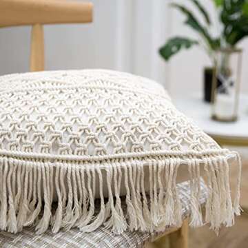 GeeComfy 2PCS Boho Macrame Throw Pillow Cover 100% Cotton Handwoven Cream Pillowcase Square Decorative Cushion Case with Tassel for Home Sofa Bed, 18" x 18", Pastoral