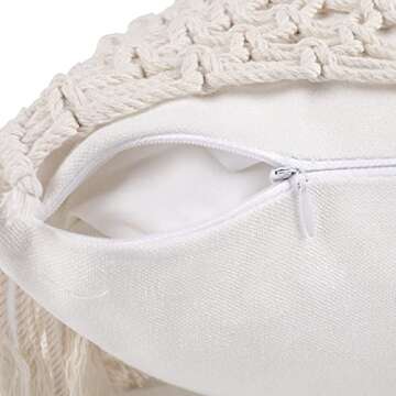 GeeComfy 2PCS Boho Macrame Throw Pillow Cover 100% Cotton Handwoven Cream Pillowcase Square Decorative Cushion Case with Tassel for Home Sofa Bed, 18" x 18", Pastoral