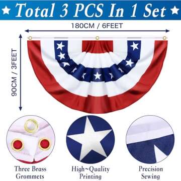 3 Pack Large Size 3 X 6 Ft USA Pleated Fan Flag, 4th of July Decorations American Bunting Flag Patri...