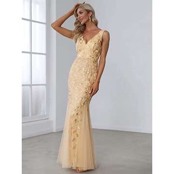 Ever-Pretty Women's Formal Dress Sequin Double V-Neck Sleeveless Mermaid Long Evening Dress Gold US16