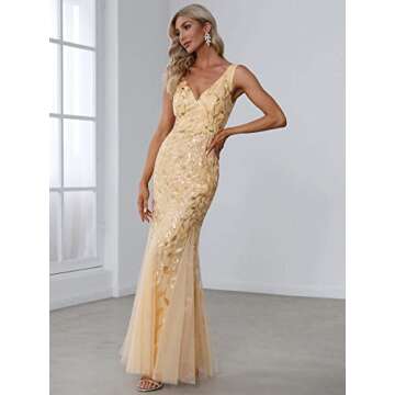 Ever-Pretty Women's Formal Dress Sequin Double V-Neck Sleeveless Mermaid Long Evening Dress Gold US16