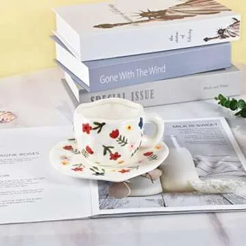 Koythin Ceramic Coffee Mug, Cute Pink Cup for Women with Saucer for Office and Home, Dishwasher and Microwave Safe, 10 oz/300 ml for Latte Tea Milk (White Floret)