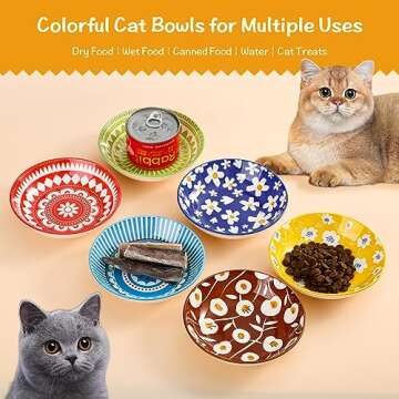 Ceramic Cat Bowls Cat Dishes - Fairy Tales Colorful Cat Bowl Set of 6 - Cat Feeding Bowls with Non Slip Mat - 5.75" Shallow Wide Cat Food Plate Whisker Friendly - Microwave Dishwasher Safe - 8.5 oz