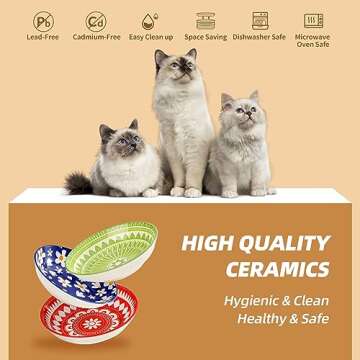 Ceramic Cat Bowls Cat Dishes - Fairy Tales Colorful Cat Bowl Set of 6 - Cat Feeding Bowls with Non Slip Mat - 5.75" Shallow Wide Cat Food Plate Whisker Friendly - Microwave Dishwasher Safe - 8.5 oz