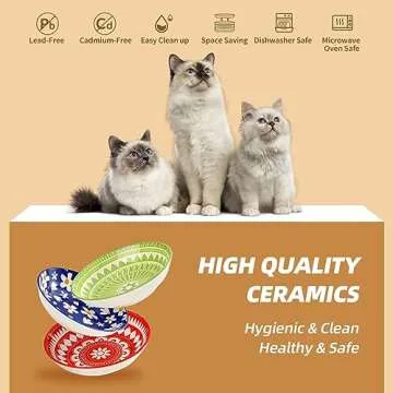 Ceramic Cat Bowls Cat Dishes - Fairy Tales Colorful Cat Bowl Set of 6 - Cat Feeding Bowls with Non Slip Mat - 5.75" Shallow Wide Cat Food Plate Whisker Friendly - Microwave Dishwasher Safe - 8.5 oz