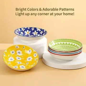 Ceramic Cat Bowls Cat Dishes - Fairy Tales Colorful Cat Bowl Set of 6 - Cat Feeding Bowls with Non Slip Mat - 5.75" Shallow Wide Cat Food Plate Whisker Friendly - Microwave Dishwasher Safe - 8.5 oz