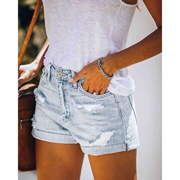 Metietila Women's Ripped High Waisted Denim Shorts Casual Distressed Stretchy Cuffed Hem Jean Shorts Light Blue S