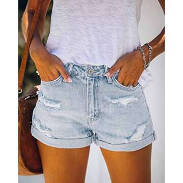 Metietila Women's Ripped High Waisted Denim Shorts Casual Distressed Stretchy Cuffed Hem Jean Shorts Light Blue S
