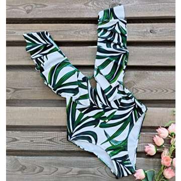 SPORLIKE Women One Piece Swimsuit V-Neck Ruffle Bathing Suit Monokini(Leaves/White,M)