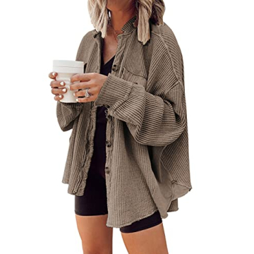 Chouyatou Women's Waffle Knit Batwing Shacket Tops