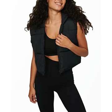 Shiyifa Women's Fashion High Neck Zipper Cropped Puffer Vest Jacket Coat (Black, Small)