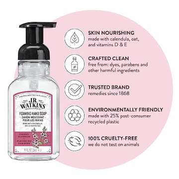 J.R. Watkins Foaming Hand Soap Pump with Dispenser, Moisturizing All Natural Foam, Alcohol-Free, Cru...