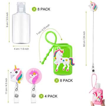 12 Pieces Kids Empty Travel Bottles and Unicorn Hand Holder Keychain with Badge Reel Set, Silicone Case Refillable Travel Containers for Toiletries, Shampoo, Liquid Soap