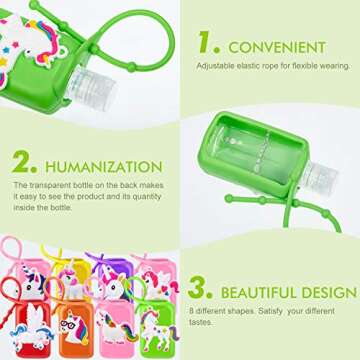 12 Pieces Kids Empty Travel Bottles and Unicorn Hand Holder Keychain with Badge Reel Set, Silicone Case Refillable Travel Containers for Toiletries, Shampoo, Liquid Soap