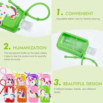 12 Pieces Kids Empty Travel Bottles and Unicorn Hand Holder Keychain with Badge Reel Set, Silicone Case Refillable Travel Containers for Toiletries, Shampoo, Liquid Soap