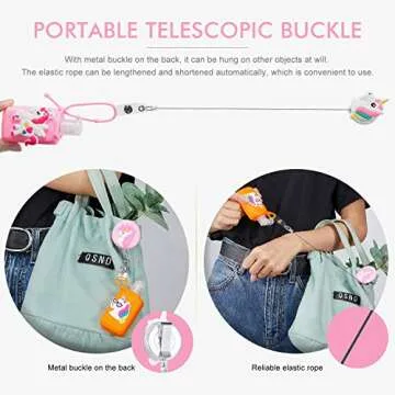 12 Pieces Kids Empty Travel Bottles and Unicorn Hand Holder Keychain with Badge Reel Set, Silicone Case Refillable Travel Containers for Toiletries, Shampoo, Liquid Soap