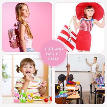 12 Pieces Kids Empty Travel Bottles and Unicorn Hand Holder Keychain with Badge Reel Set, Silicone Case Refillable Travel Containers for Toiletries, Shampoo, Liquid Soap