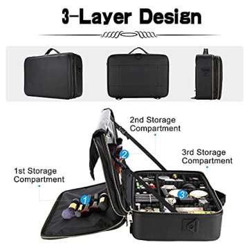 Oewoer Travel Makeup Train Case, PU Leather Professional Makeup Case with Adjustable Strap Portable Cosmetic Organizer Artist Storage Bag for Toiletry Jewelry Digital Accessories (L-Black)