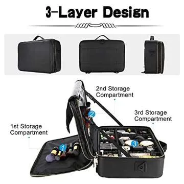 Oewoer Travel Makeup Train Case, PU Leather Professional Makeup Case with Adjustable Strap Portable Cosmetic Organizer Artist Storage Bag for Toiletry Jewelry Digital Accessories (L-Black)