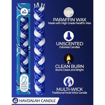 Ner Mitzvah Braided Havdalah Candle - 12-Pack Flat Blue and White Paraffin Wax - Handcrafted Havdall...