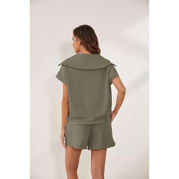 Meladyan Women's Two Piece Half Zip Lapel Sleeve Sweatshirt High Waist Drawstring Sets SweatSuit Cap Shorts TrackSuit Outfit, Coffe Grey, Small