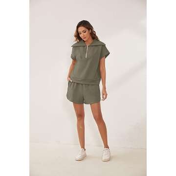 Meladyan Women's Two Piece Half Zip Lapel Sleeve Sweatshirt High Waist Drawstring Sets SweatSuit Cap Shorts TrackSuit Outfit, Coffe Grey, Small