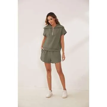 Meladyan Women's Two Piece Half Zip Lapel Sleeve Sweatshirt High Waist Drawstring Sets SweatSuit Cap Shorts TrackSuit Outfit, Coffe Grey, Small