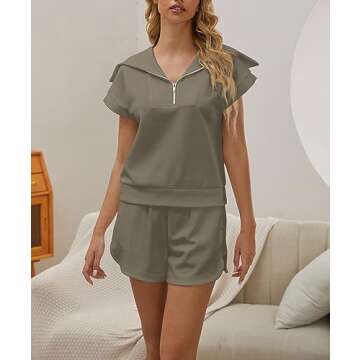 Meladyan Women's Two Piece Half Zip Lapel Sleeve Sweatshirt High Waist Drawstring Sets SweatSuit Cap Shorts TrackSuit Outfit, Coffe Grey, Small