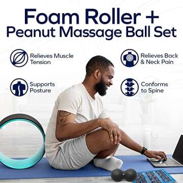 Vera Seigur Yoga Wheel & Peanut Massage Ball | 12" Foam Roller Wheel For Posture Support, Backbends, Poses, Muscle Therapy & Balance Trainers | Deep Tissue Foot Roller Ball For Plantar Fasciitis, Teal