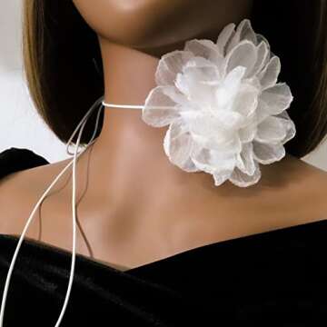 iuviwey White Chiffon Flower Choker Necklace for Women - Ethereal Adjustable Tie-Up Neckwear - Romantic Bridal and Everyday Accessory (Large white flower)