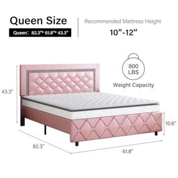 Queen Bed Frame, Upholstered Platform Bed with Diamond Button Tufted Headboard, Pink Queen Bed Frame...