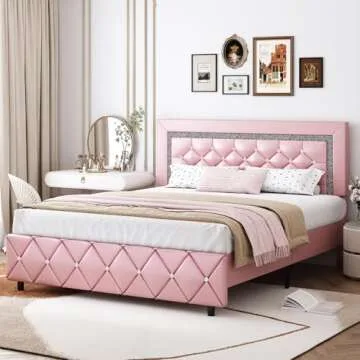 Queen Bed Frame, Upholstered Platform Bed with Diamond Button Tufted Headboard, Pink Queen Bed Frame, Princess Bed Frame with Crystal Tufted Headboard, Wooden Slats Support, Easy Assembly, Pink